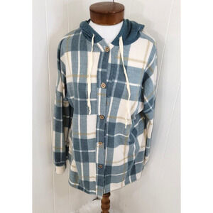 Lovely Melody Womens Medium Blue White Plaid Soft Button Up Hooded Light Top